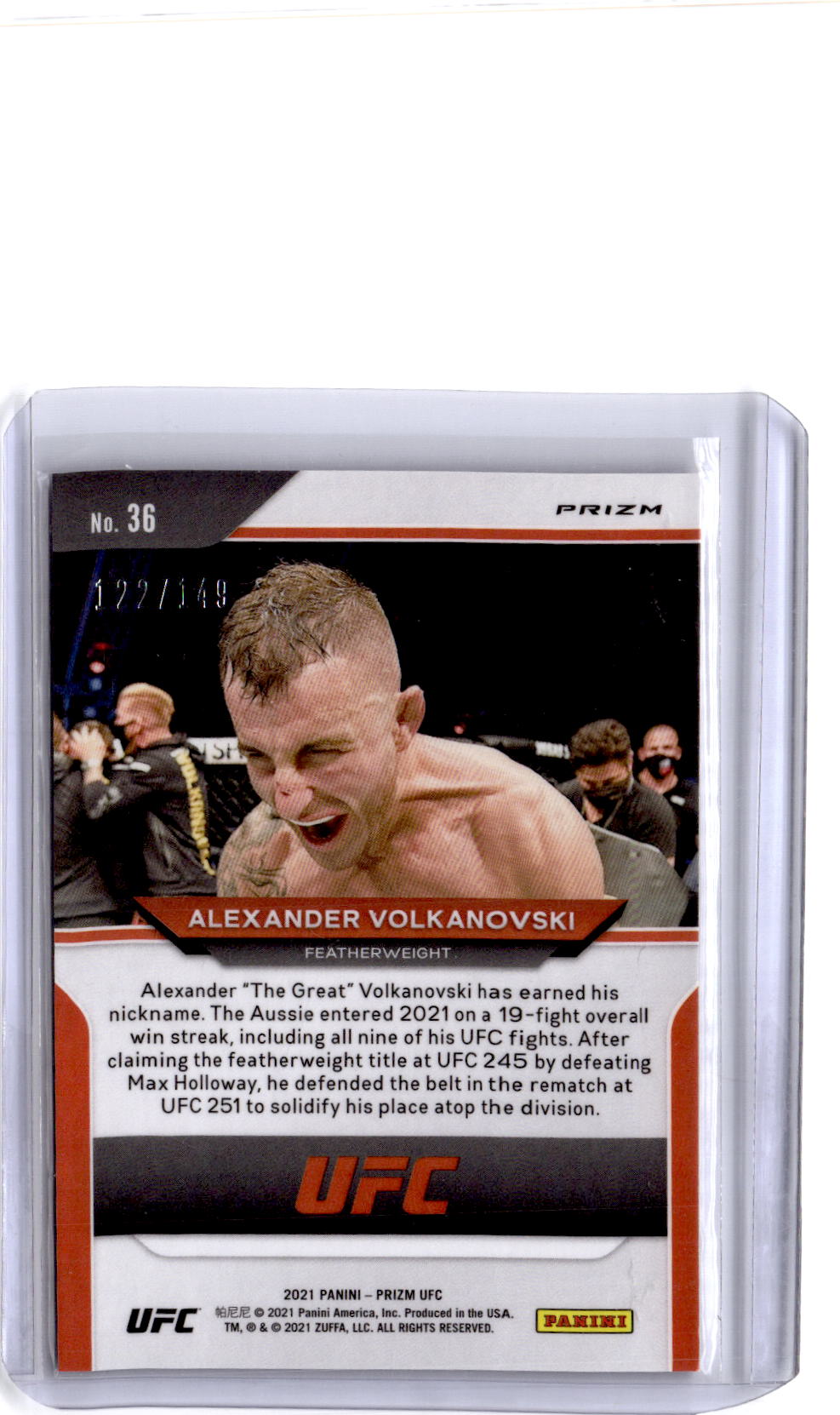 2021 Panini Prizm UFC #36 Alexander Volkanovski Purple Prizm #/149