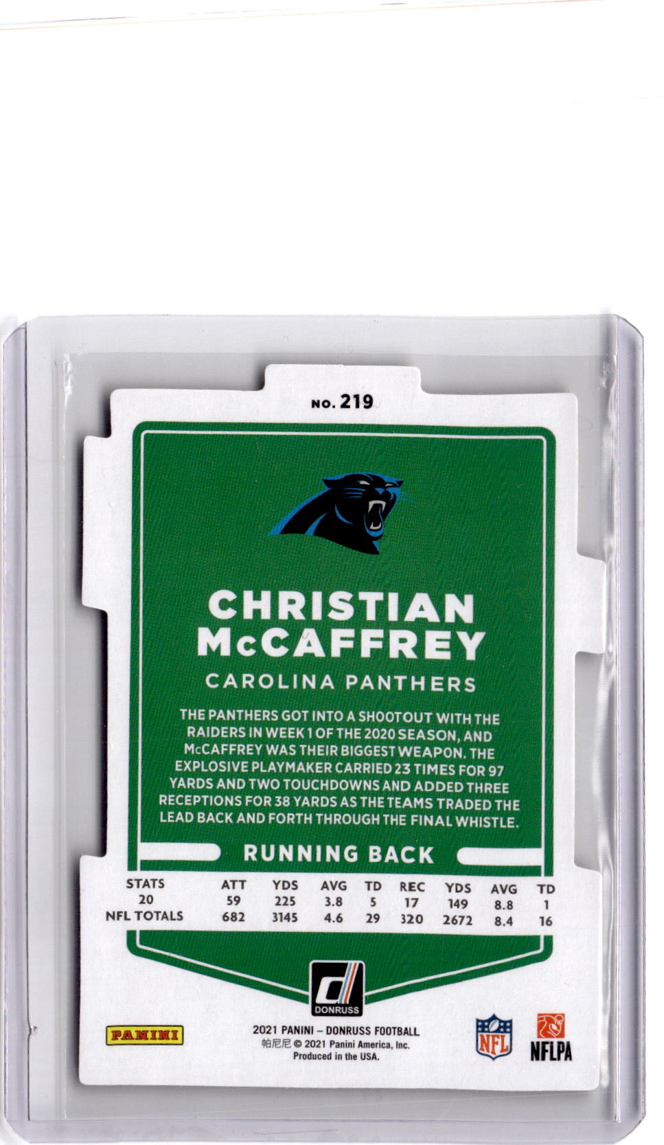 2021 Donruss #219b Christian McCaffrey Press Proof Gold Die Cut #/25