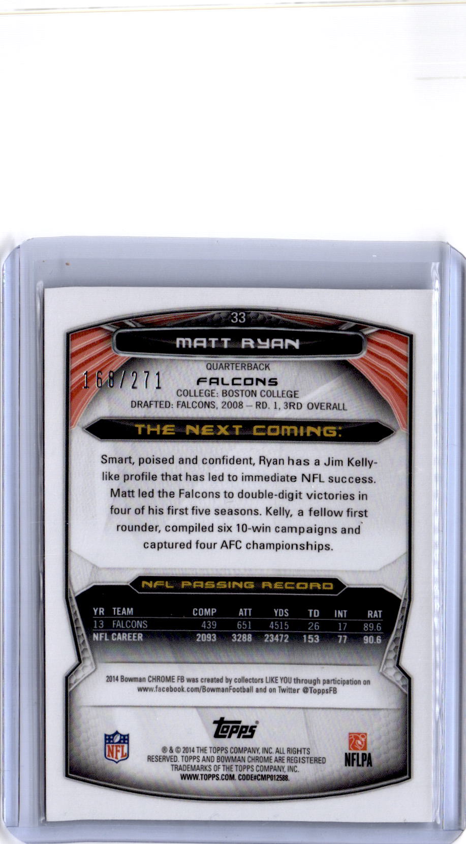 2014 Bowman Chrome #33 Matt Ryan Pulsar Refractor #/271