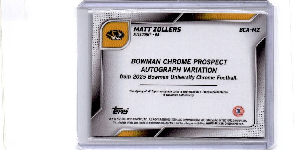 2025 Bowman University Chrome Matt Zollers  Autographs Gold Refractor 01/50
