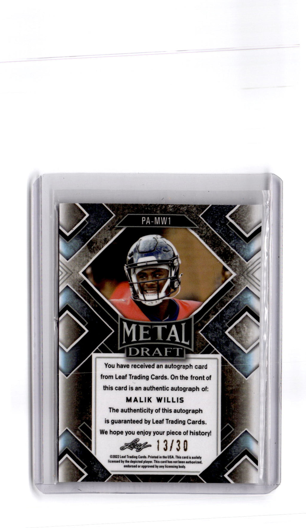 2022 Pro Set Draft #PSP-MW1 Malik Willis Portraits Crystal Silver Auto /30
