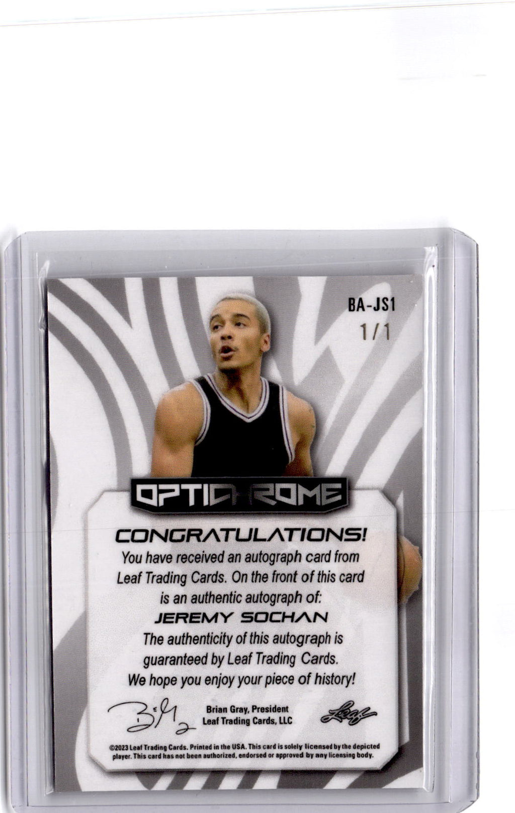 2022-23 Leaf Optichrome #BA-JS1 Jeremy Sochan Silver Ice Auto #/1
