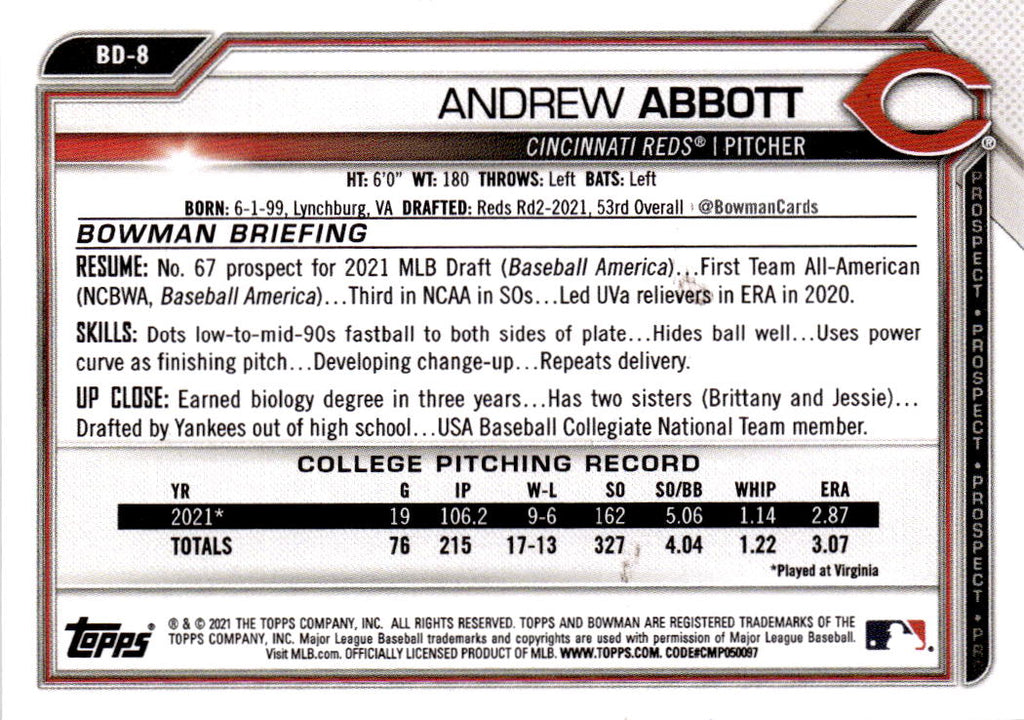 2021 Bowman Draft 1st Edition #BD-8 Andrew Abbott