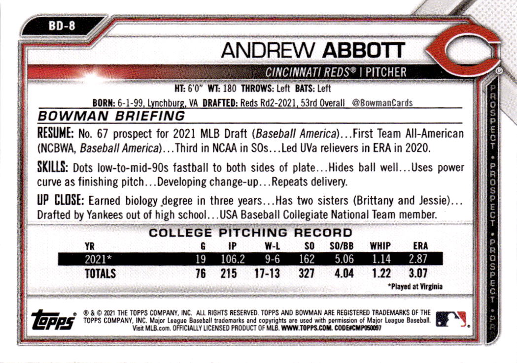 2021 Bowman Draft #BD-8 Andrew Abbott