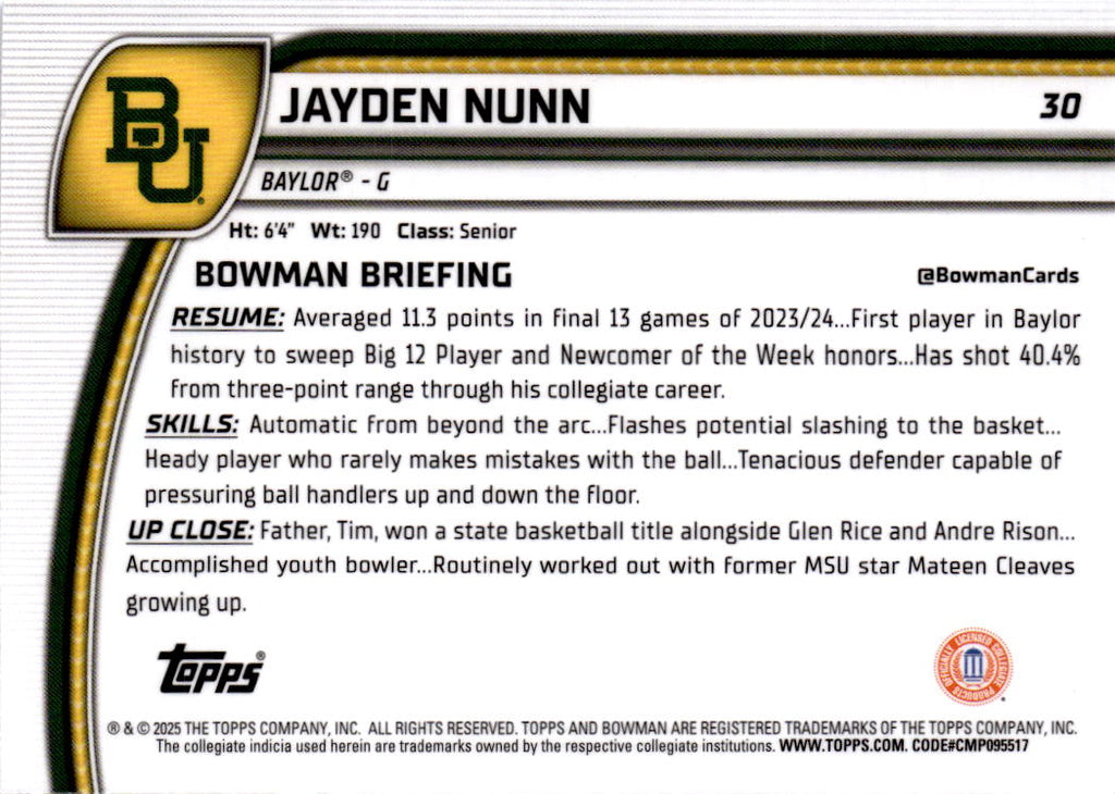 2024-25 Bowman University Chrome Sapphire #30 Jayden Nunn