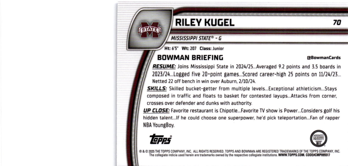 2023-24 Bowman University Chrome Sapphire #38 Riley Kugel