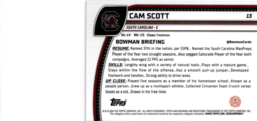2024-25 Bowman University Chrome Sapphire #13 Cam Scott
