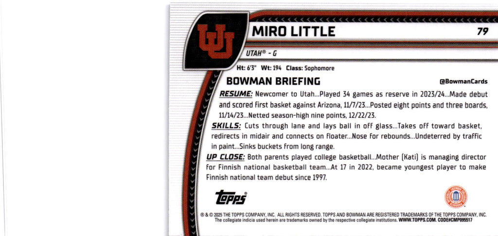 2023-24 Bowman University Chrome Sapphire #12 Miro Little