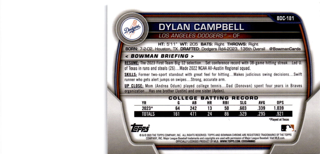 2023 Bowman Draft Sapphire Edition #BDC-181 Dylan Campbell
