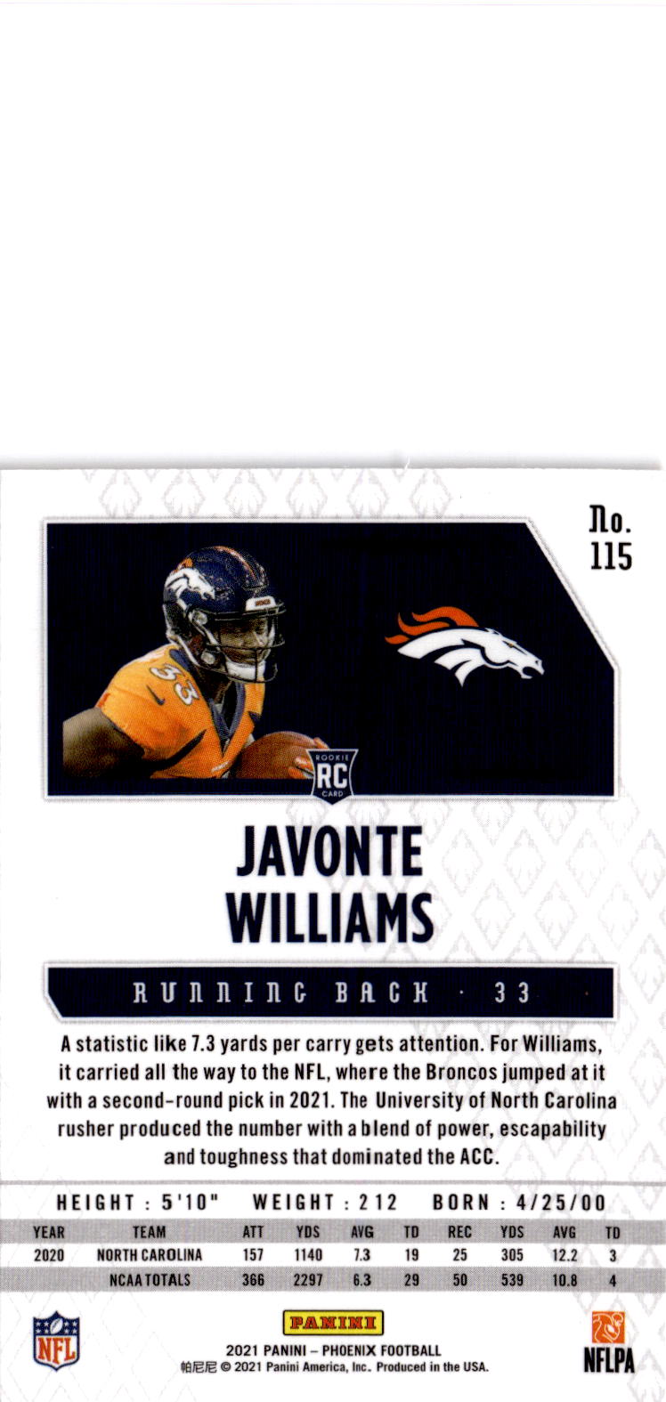2021 Panini Phoenix #115 Javonte Williams Fire Burst