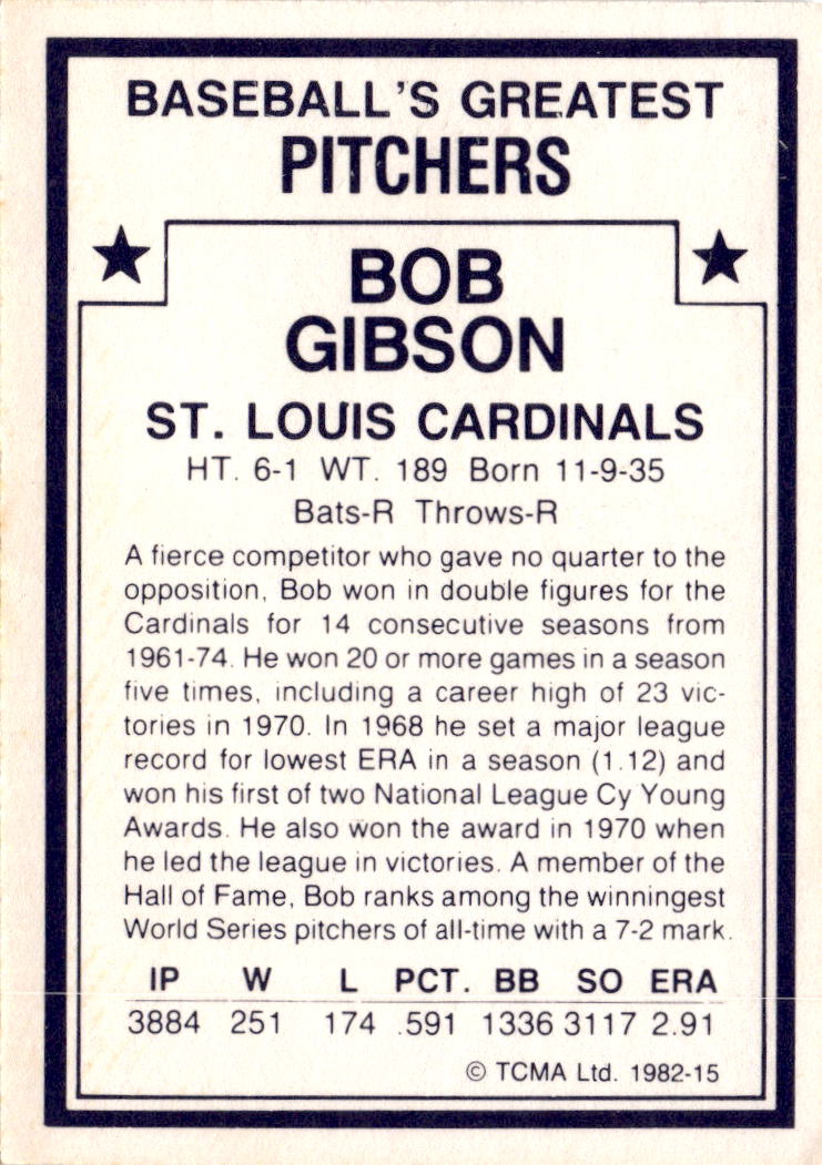 1982 TCMA Baseball's Greatest Pitchers (White Backs) #15 Bob Gibson