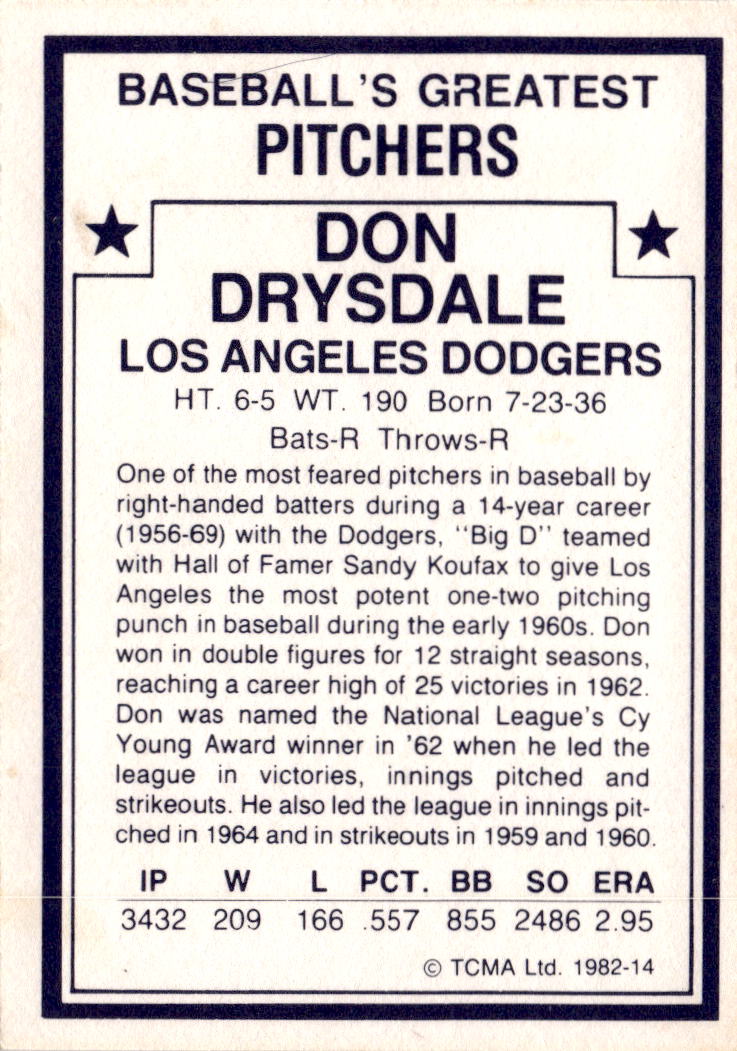 1982 TCMA Baseball's Greatest Pitchers (White Backs) #14 Don Drysdale