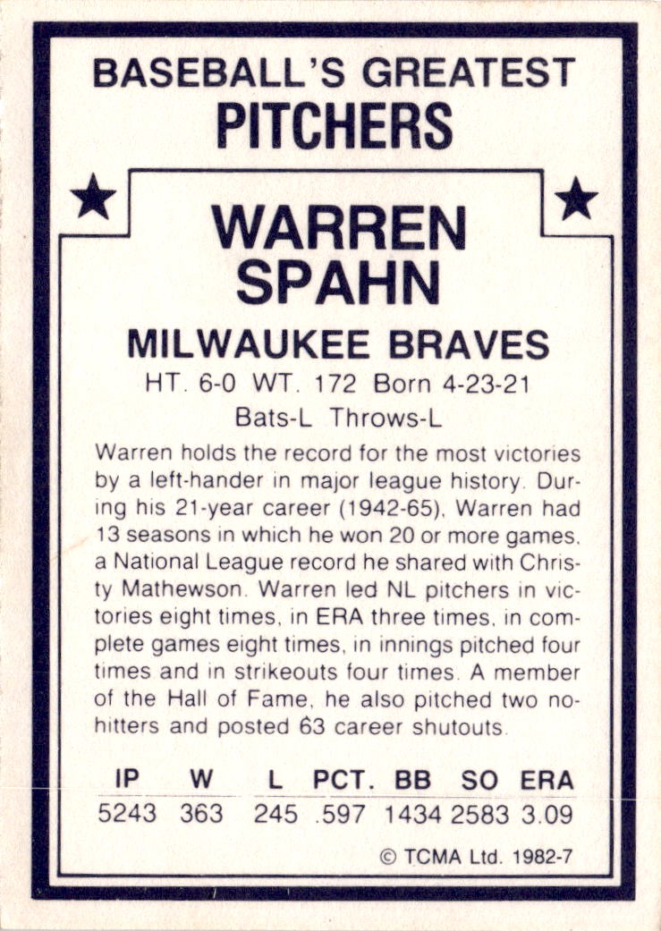 1982 TCMA Baseball's Greatest Pitchers (White Backs) #7 Warren Spahn