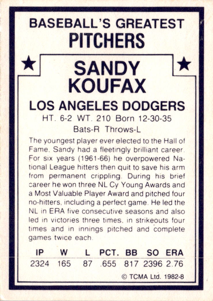 1982 TCMA Baseball's Greatest Pitchers (White Backs) #8 Sandy Koufax