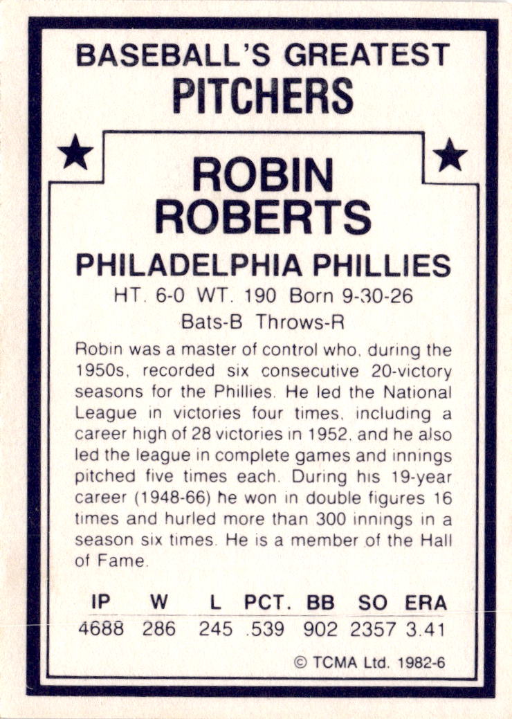 1982 TCMA Baseball's Greatest Pitchers (White Backs) #6 Robin Roberts