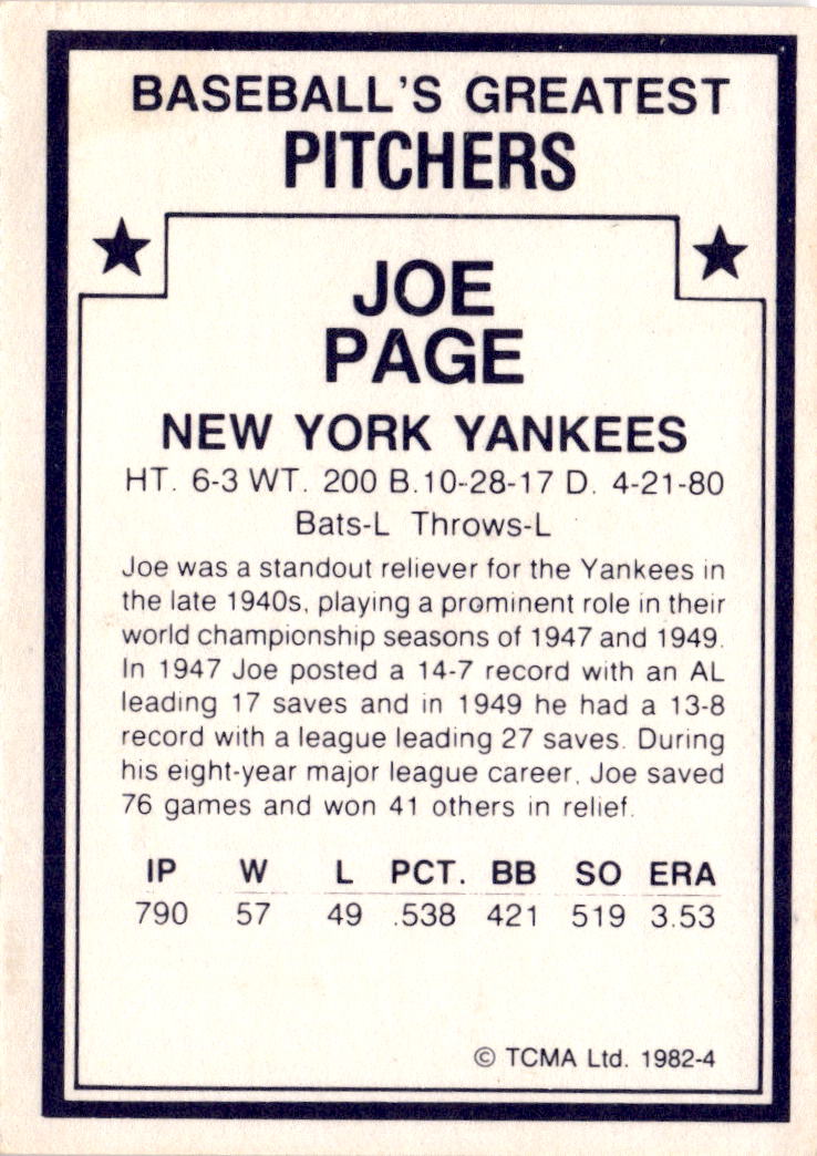 1982 TCMA Baseball's Greatest Pitchers (White  Backs) #4 Joe Page