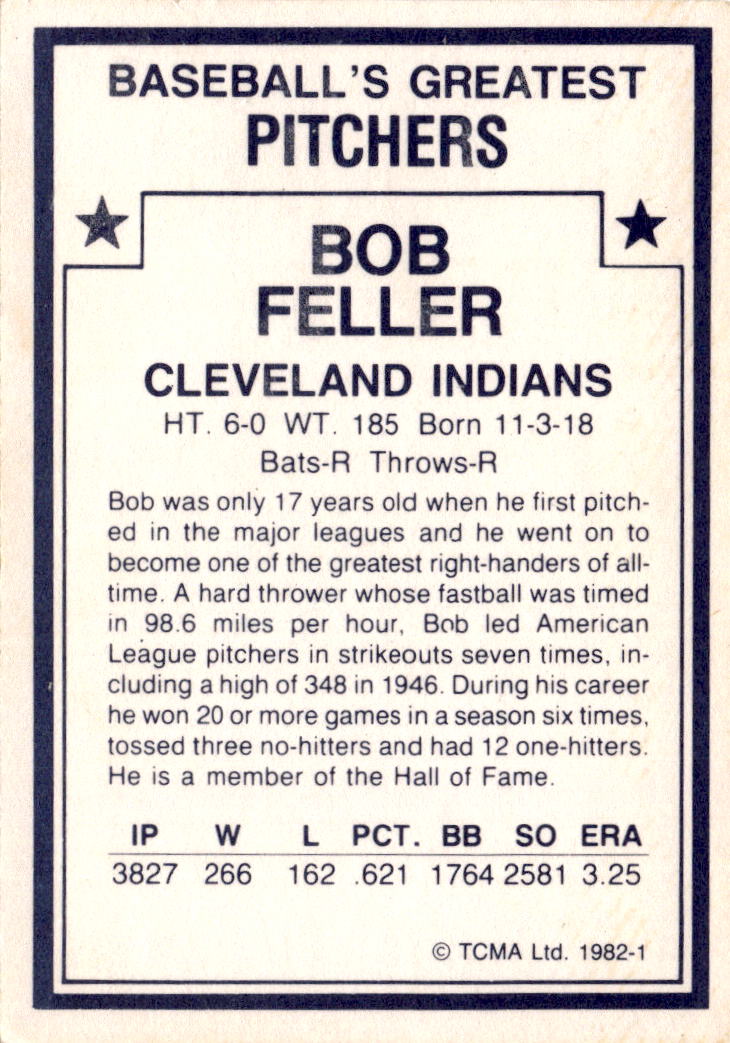 1982 TCMA Baseball's Greatest Pitchers (White Backs) #1 Bob Feller