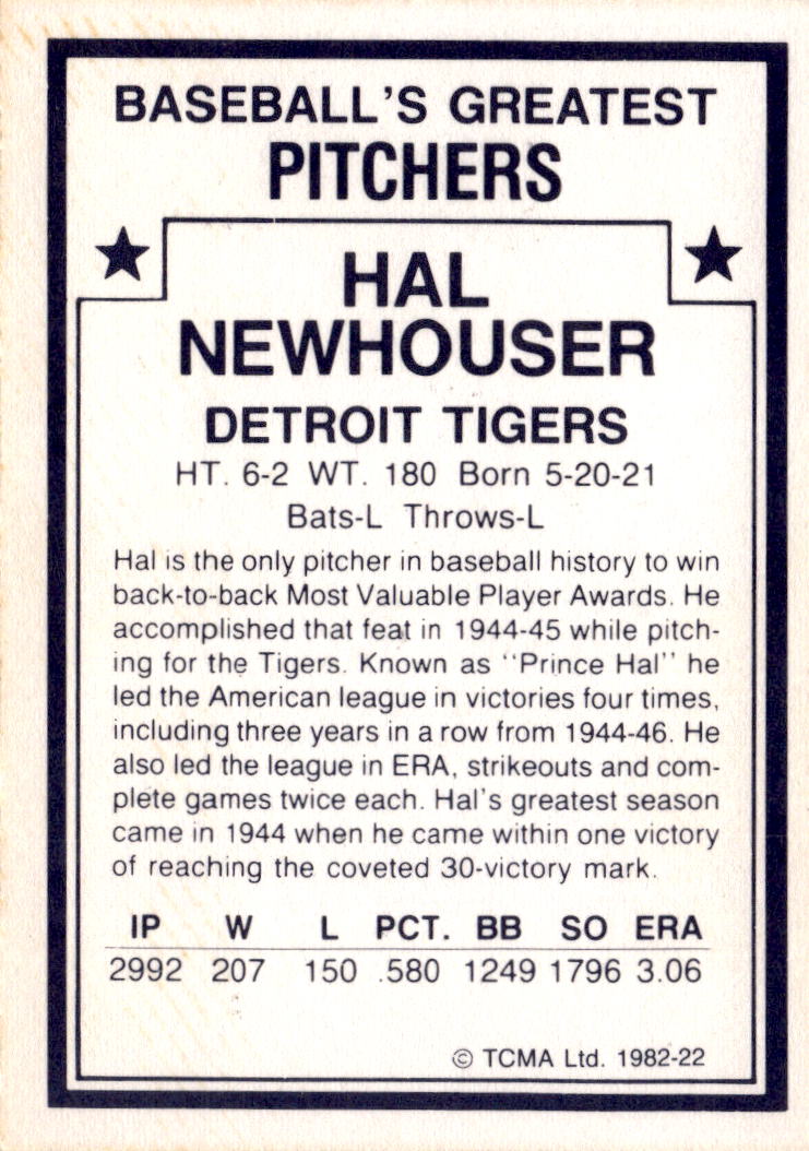1982 TCMA Baseball's Greatest Pitchers (White Backs) #22 Hal Newhouser