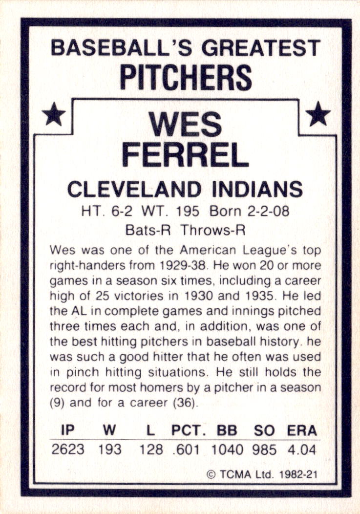 1982 TCMA Baseball's Greatest Pitchers (White Backs) #21 Wes Ferrell