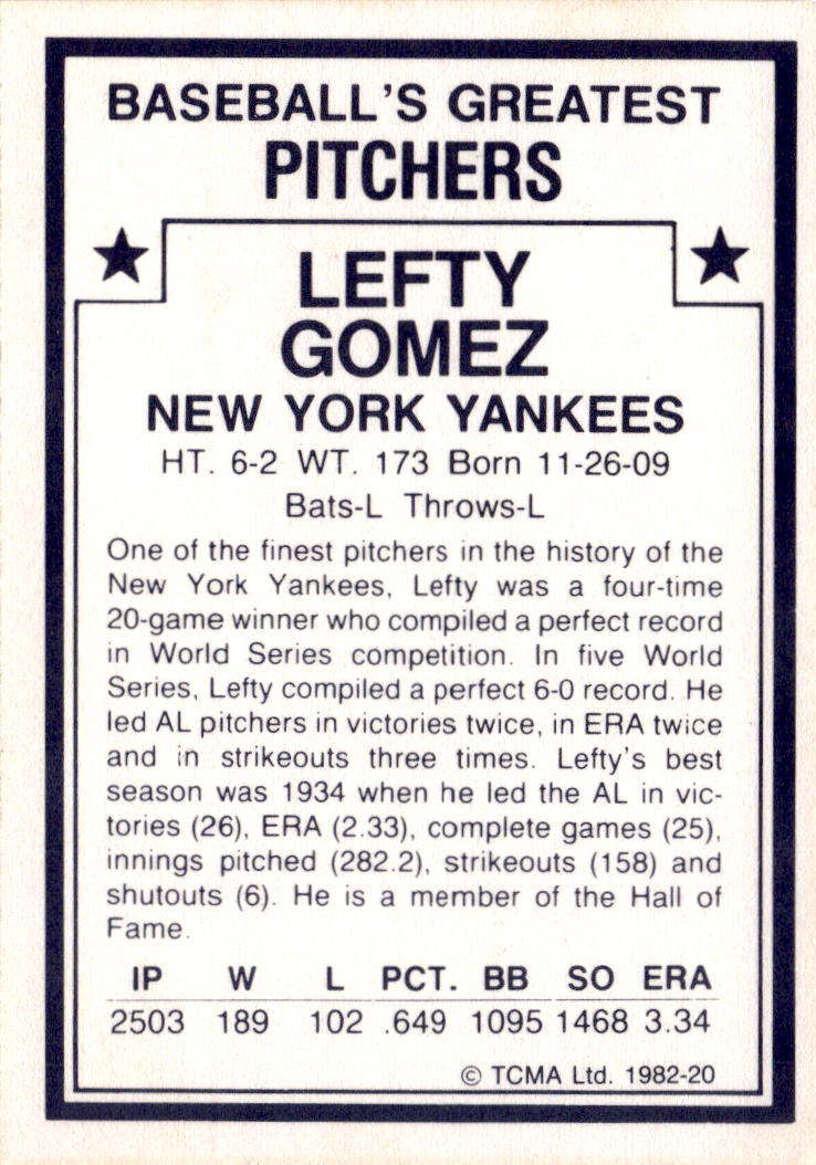1982 TCMA Baseball's Greatest Pitchers (White Backs) #20 Lefty Gomez