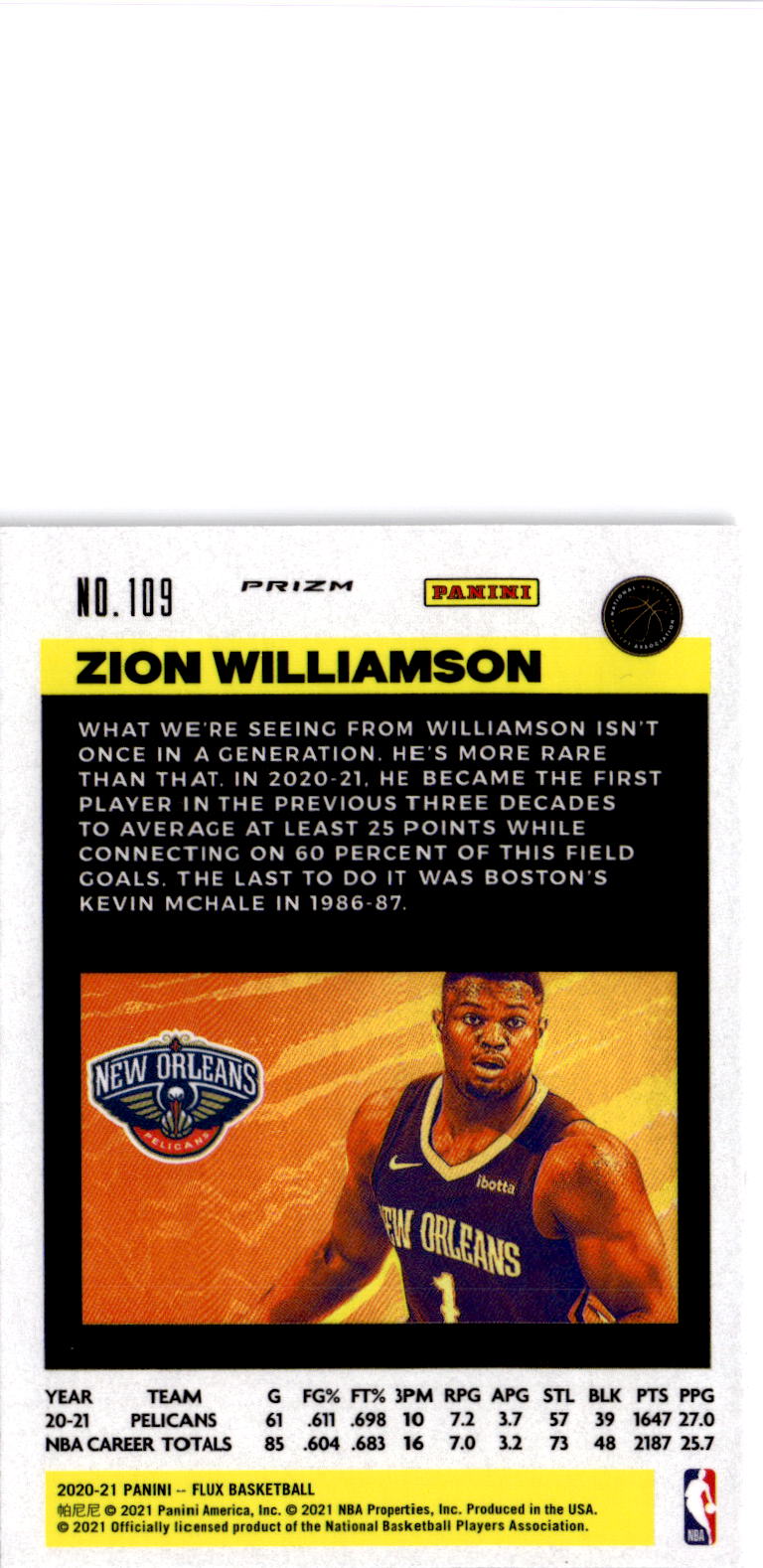 2020-21 Panini Flux #109 Zion Williamson Pulsar
