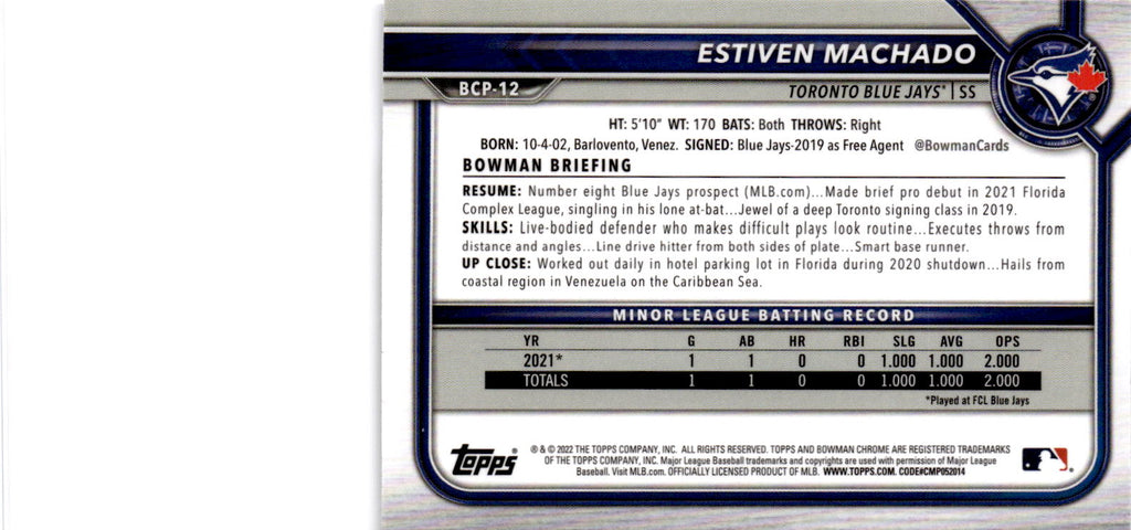 2022 Bowman #BCP-12 Estiven Machado Chrome Prospects Mojo Refractor