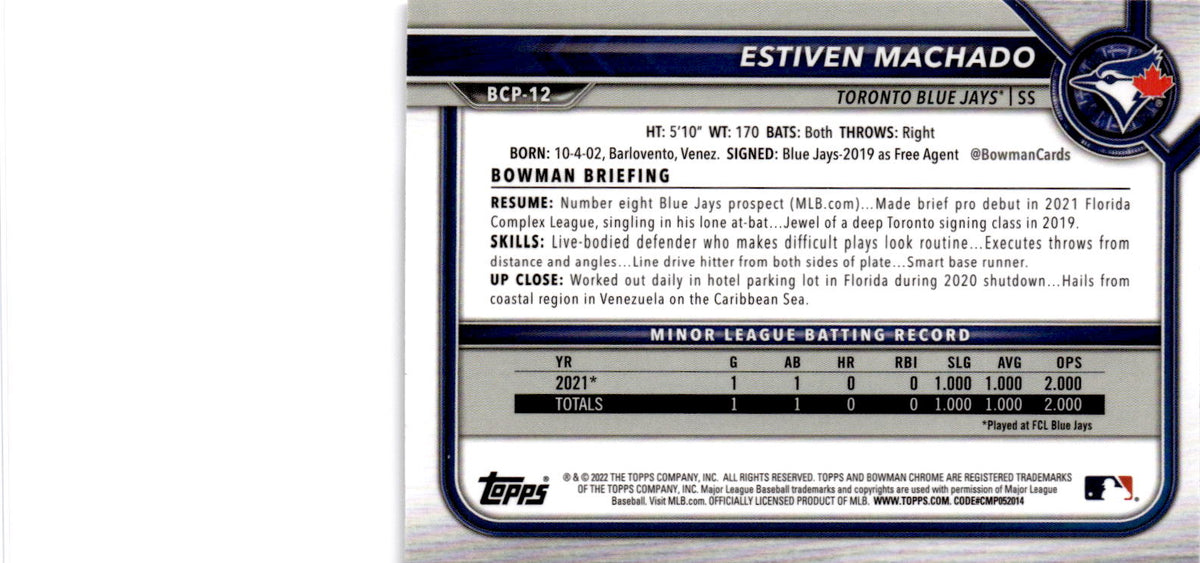 2022 Bowman #BCP-12 Estiven Machado Chrome Prospects Mojo Refractor