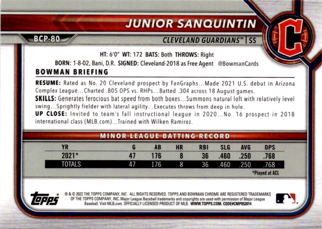 2022 Bowman #BCP-80 Junior Sanquintin Chrome Prospects Mojo Refractor