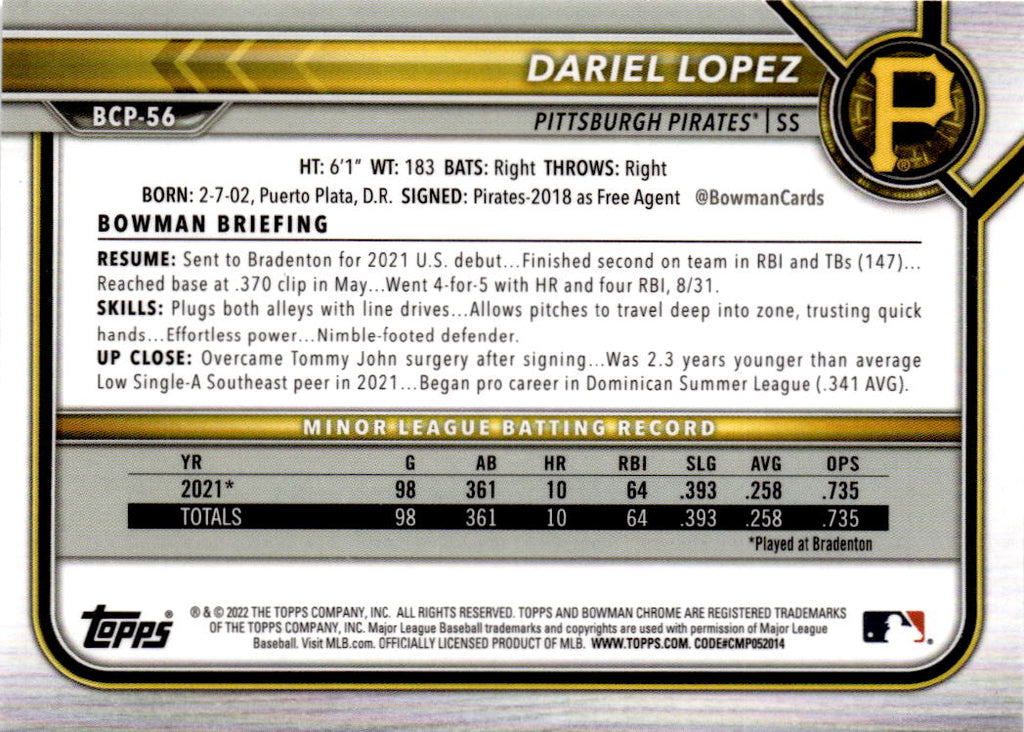 2022 Bowman #BCP-56 Dariel Lopez Chrome Prospects Mojo Refractor
