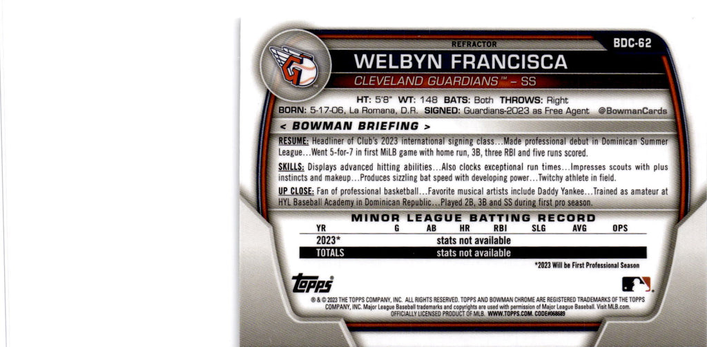 2023 Bowman Draft #BDC-62 Welbyn Francisca Chrome Refractor