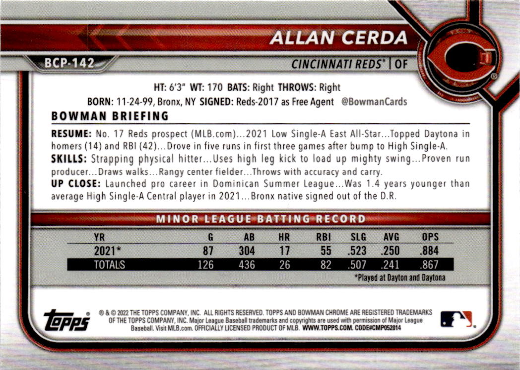 2022 Bowman #BCP-142 Allan Cerda Chrome Prospects Mojo Refractor