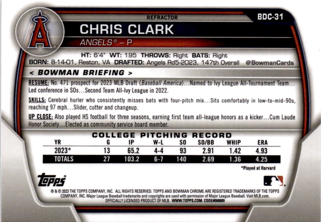2023 Bowman Draft #BDC-31 Chris Clark Chrome Refractor