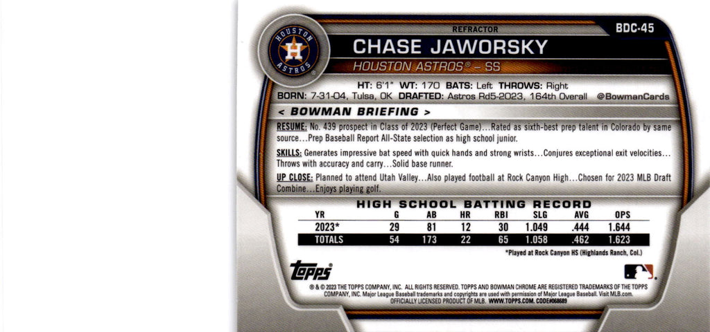 2023 Bowman Draft #BDC-45 Chase Jaworsky Chrome Refractor