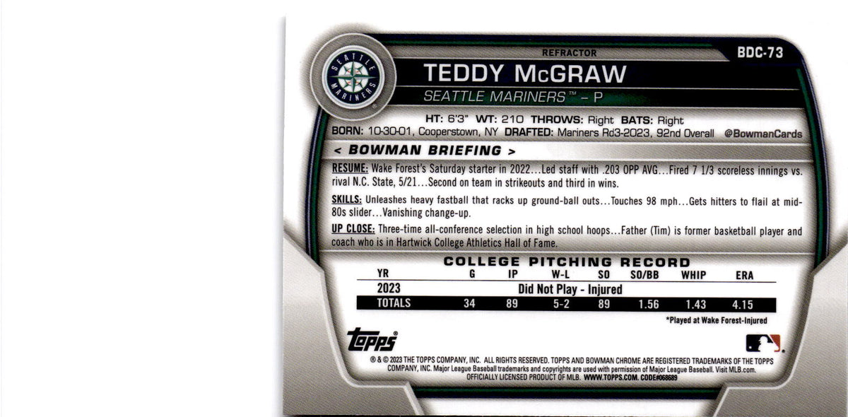 2023 Bowman Draft #BDC-73 Teddy McGraw Chrome Refractor