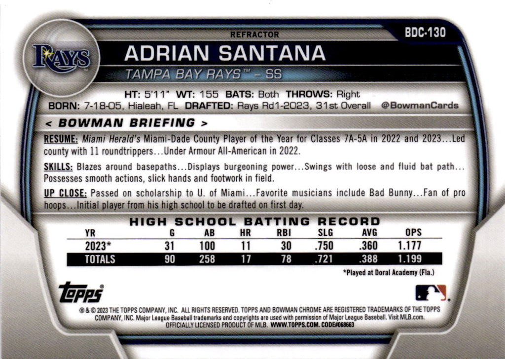 2023 Bowman Draft #BDC-130 Adrian Santana Chrome Refractor