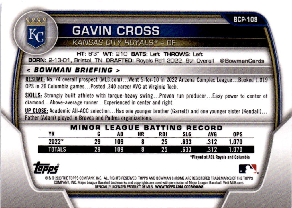 2023 Bowman Sapphire Edition #BCP-109 Gavin Cross