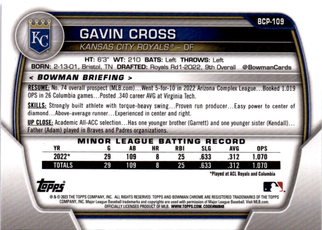 2023 Bowman Sapphire Edition #BCP-109 Gavin Cross