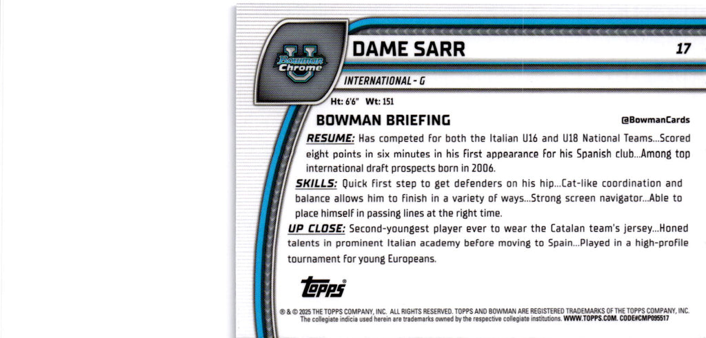 2024-25 Bowman University Chrome Sapphire #17 Dame Sarr
