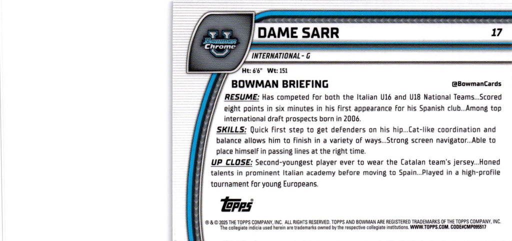 2024-25 Bowman University Chrome Sapphire #17 Dame Sarr
