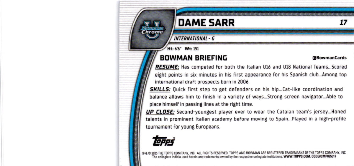2024-25 Bowman University Chrome Sapphire #17 Dame Sarr