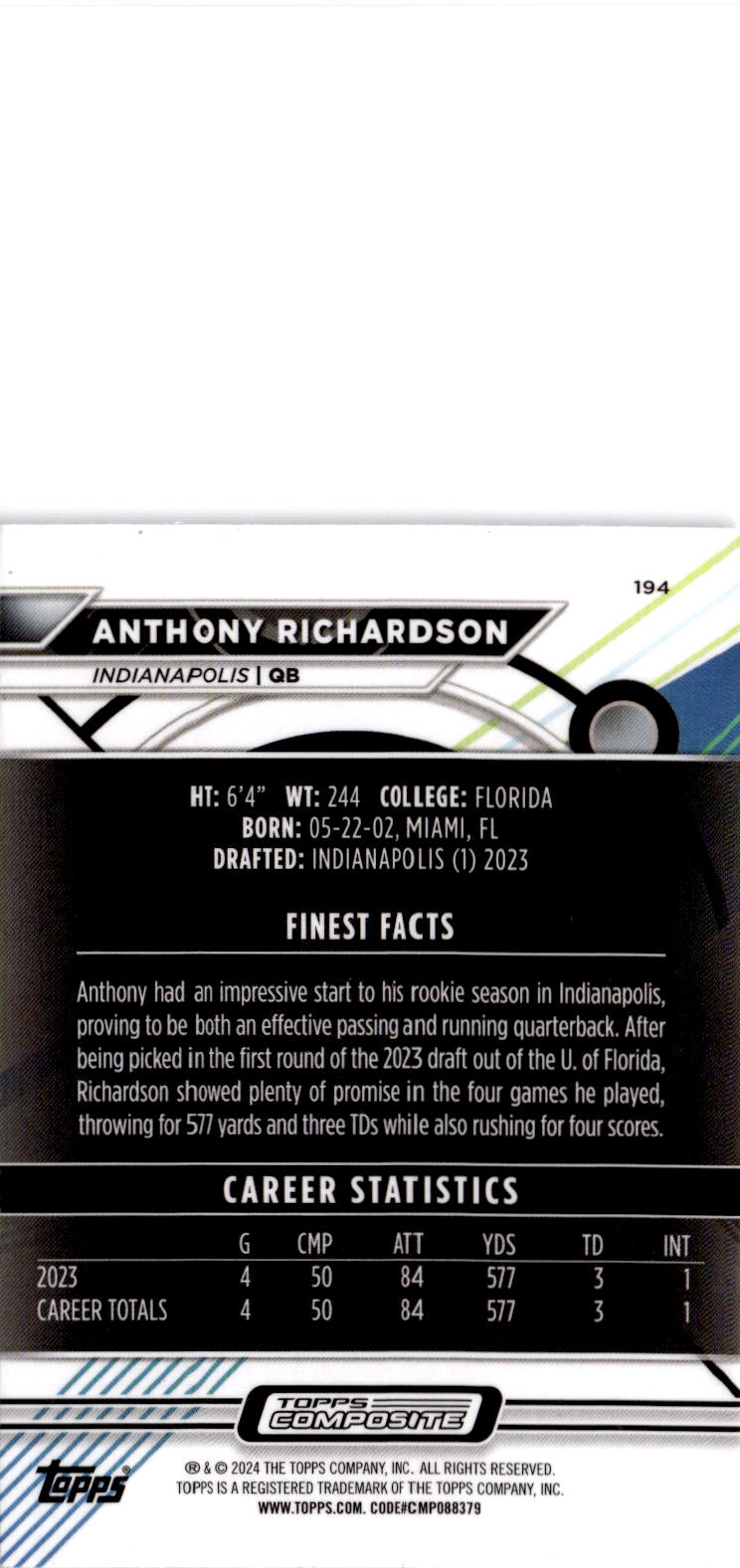 2023 Topps Composite #194 Anthony Richardson Finest Checkerboard Refractor