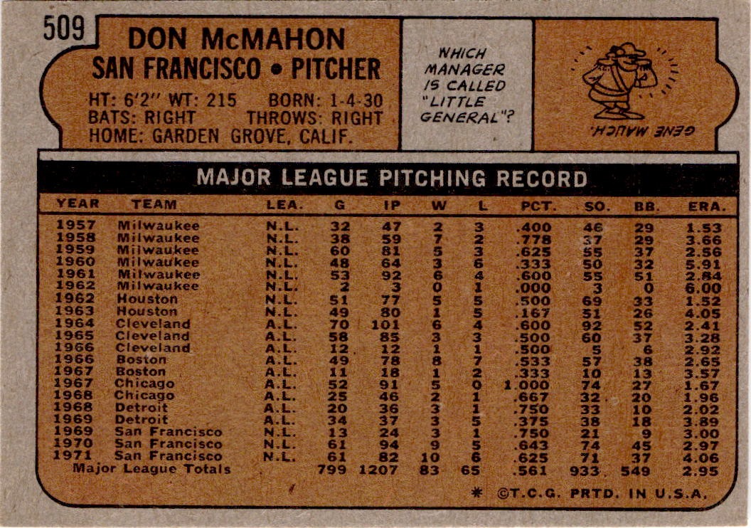 1972 Topps #509 Don McMahon