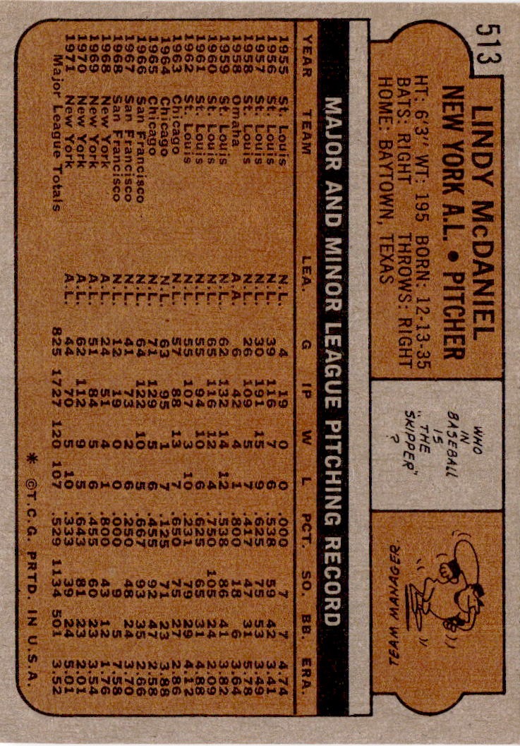 1972 Topps #513 Lindy McDaniel