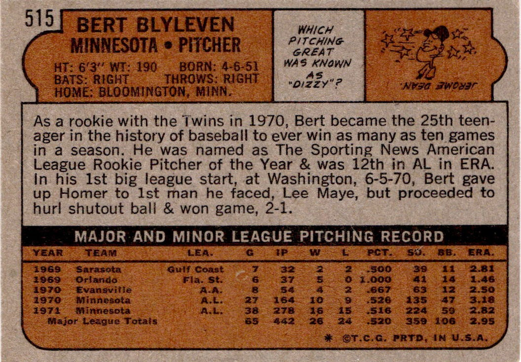 1972 Topps #515 Bert Blyleven