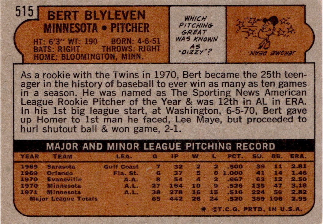 1972 Topps #515 Bert Blyleven