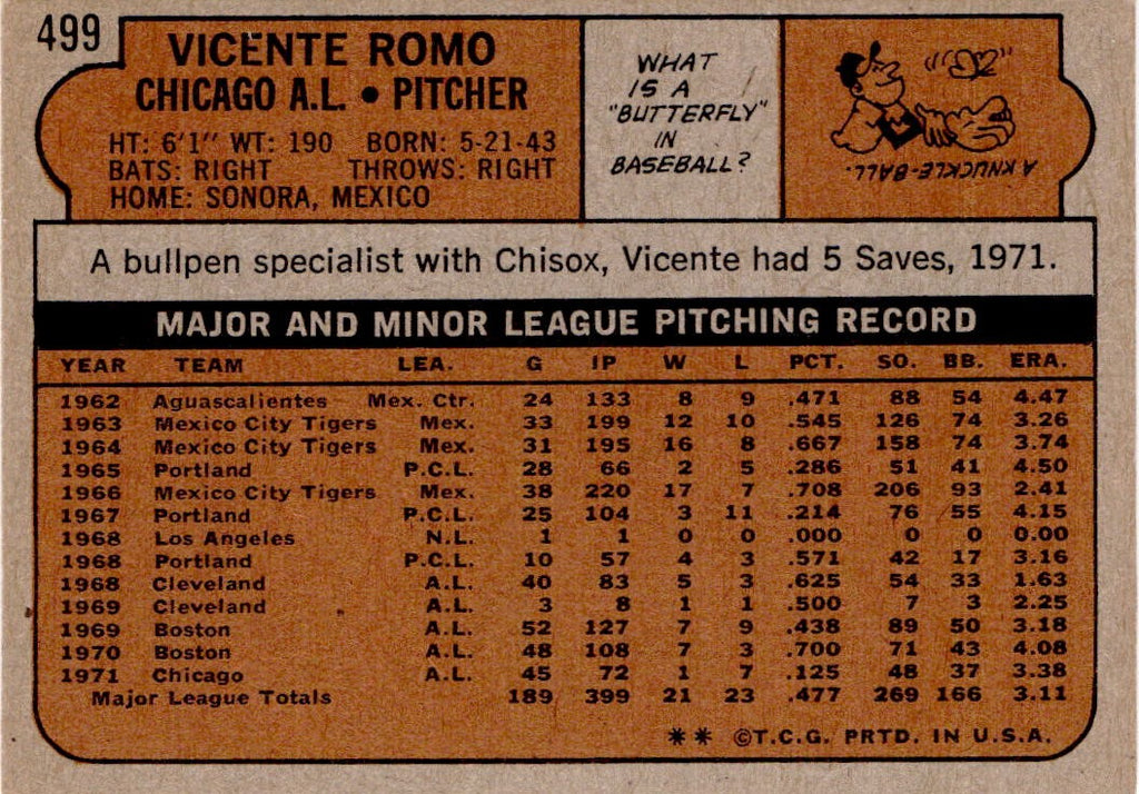 1972 Topps #499 Vicente Romo