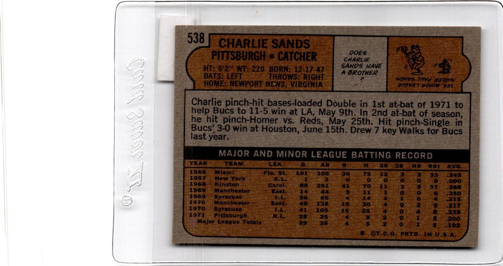 1972 Topps #538 Charlie Sands
