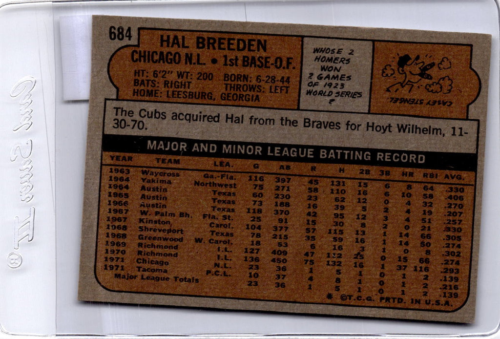 1972 Topps #684 Hal Breeden