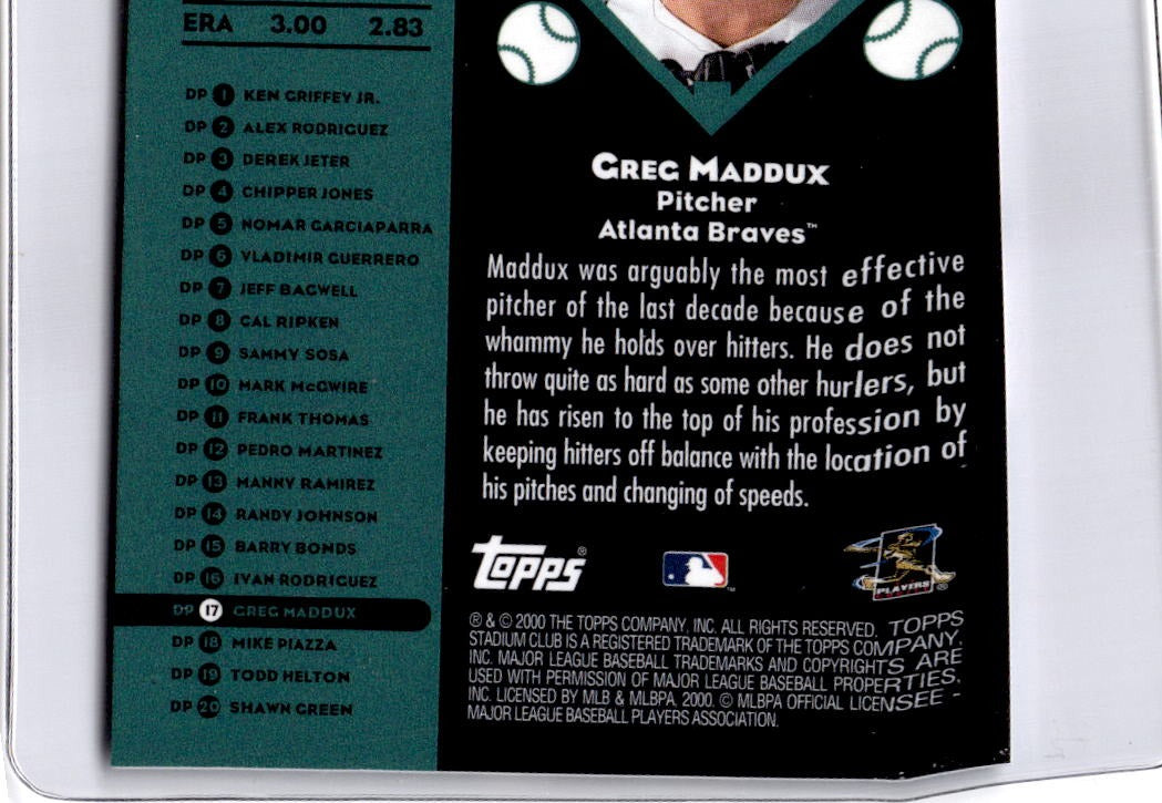 2001 Stadium Club #DP17 Greg Maddux Diamond Pearls