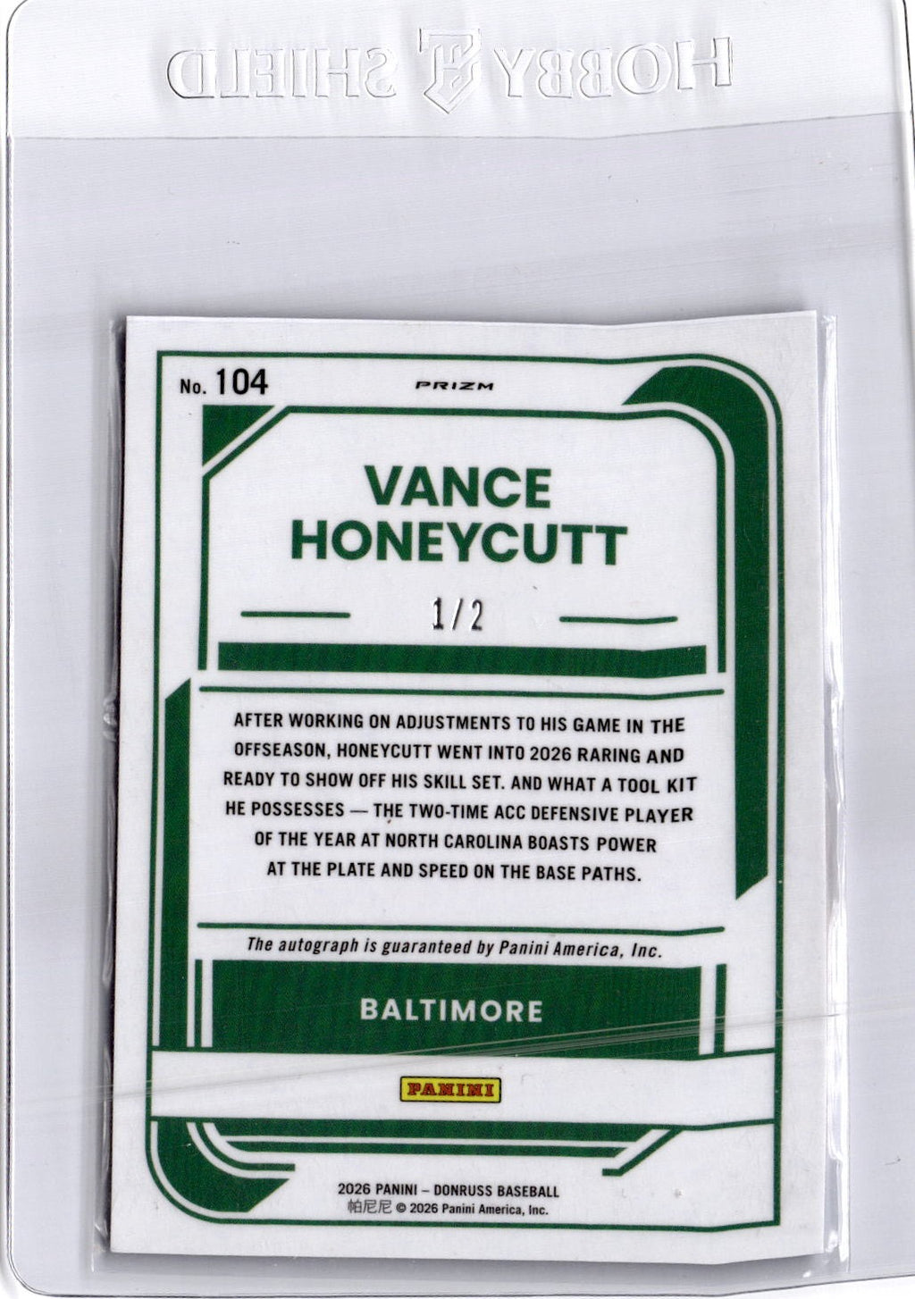 2026 Donruss Vance Honeycutt Rated Prospects Optic Signatures Blue Glitter #/2